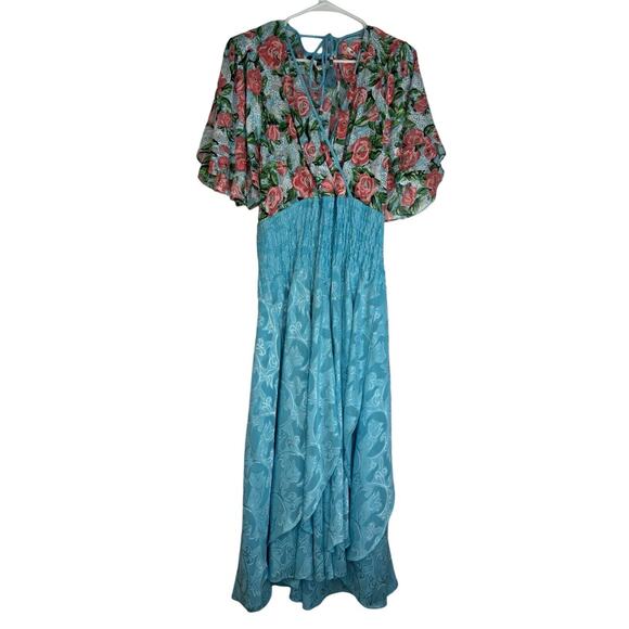 Diane Freis Dresses & Skirts - Diane Freis Georgette Dress M/L Turquoise Blue Rose Floral Handkerchief Skirt